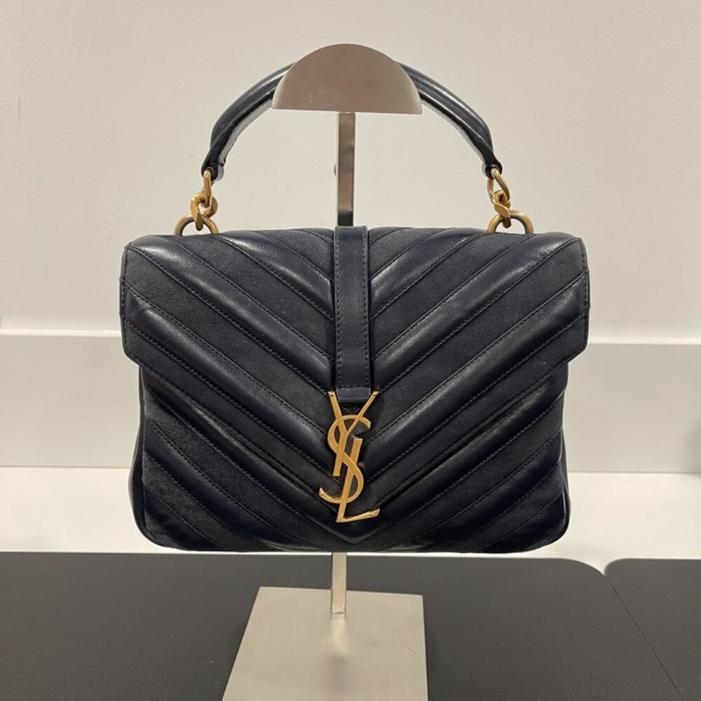 Saint Laurent College Medium Top Handle Quilted Navy Leather/Suede (JB1406)